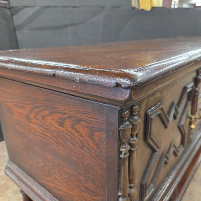 Antique English Carved Oak Sideboard With Intricate Geometric Carvings and Brass Hardware For Sale - Image 15 of 18