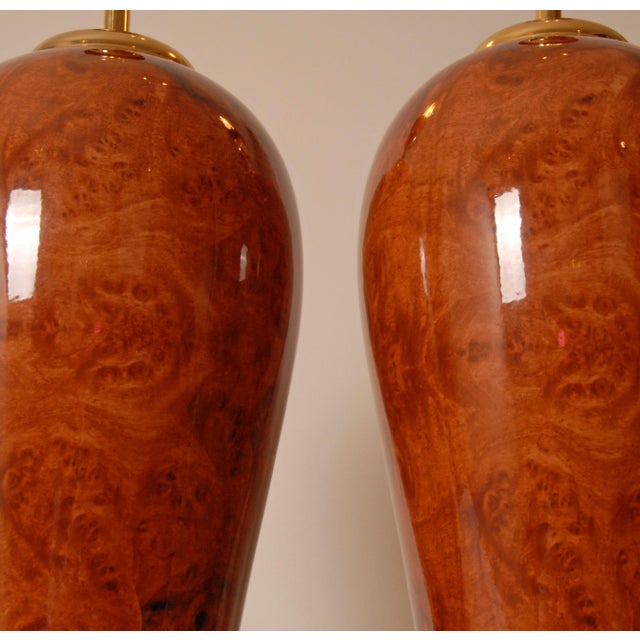 Brown Vintage Table Lamps Faux Elm Burl Wood French Ceramic Vase Lamps Brown Cognac - A Pair For Sale - Image 8 of 11