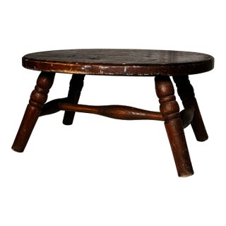 Vintage Early American Primitive Oval Splayed Solid Wood Turned Leg Low Stool For Sale