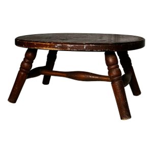 Vintage Early American Primitive Oval Splayed Solid Wood Turned Leg Low Stool
