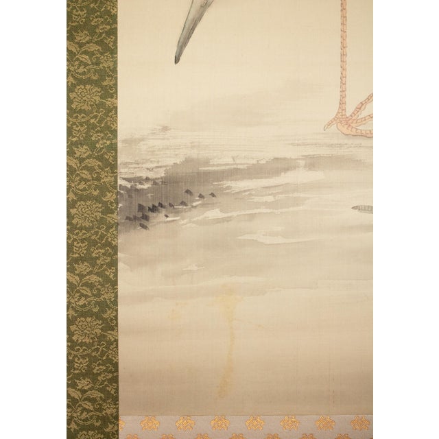 "Two Cranes and the Sun", Showa Era Japanese Monochrome Silk Scroll Painting For Sale - Image 10 of 18