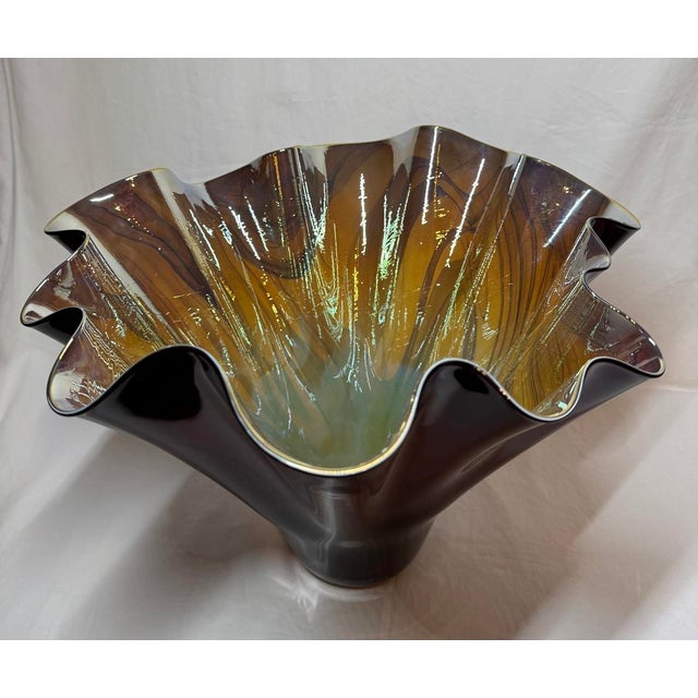 Contemporary Dan Bergsma Deep Red Gold Iridescent Art Glass Wave Bowl Vase 18” For Sale - Image 3 of 12