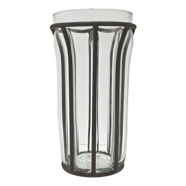 Late 20th Century Mexican Rustic Caged Glass and Weathered Iron Vase For Sale