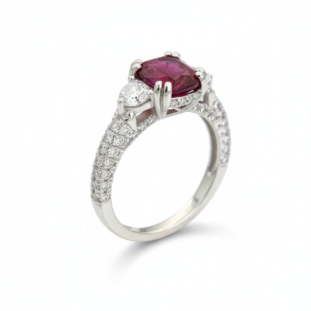 Gia Certified No Heat Cushion Ruby Half Moon Diamond Platinum Cocktail Ring, Size 6.5 For Sale In New York - Image 6 of 9