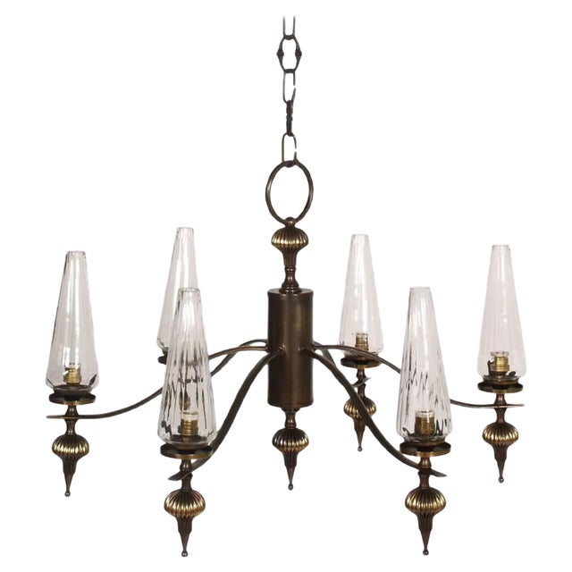 Art Deco 6-Light Burnished Brass & Venini Murano Glass Chandelier, 1930s For Sale