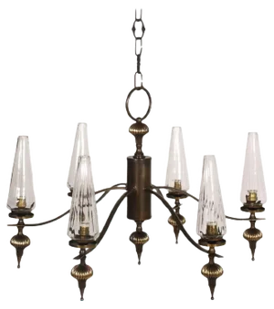 Art Deco 6-Light Burnished Brass & Venini Murano Glass Chandelier, 1930s