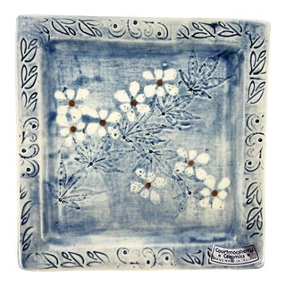 1990s Courtmacsherry Ceramics Blue Flower Decorative Square Tray Signed F P W Ireland For Sale