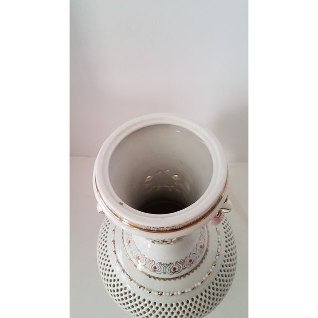 Reticulated, Beaded, Hand Painted Porcelain Vase, Monogram Marks For Sale - Image 4 of 7