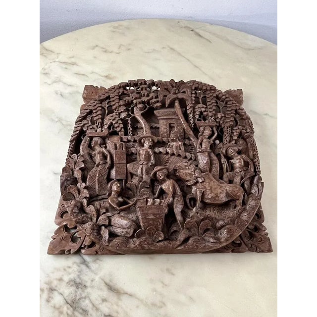 Wood Vintage Balinese Panel in Hand-Worked Beech, 1993 For Sale - Image 7 of 13