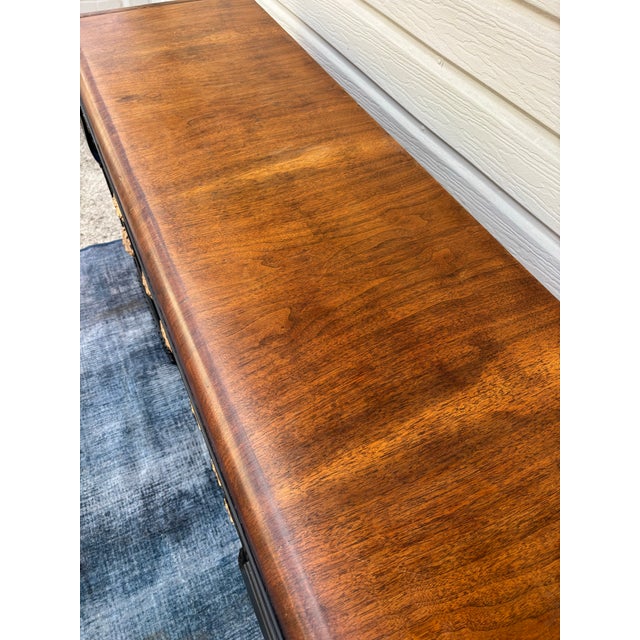 Art Deco Vintage Art Deco Waterfall Sideboard or Buffet Featuring Burl Wood Veneers, Black-Painted Accents, and Ornate Brass Hardware For Sale - Image 3 of 12