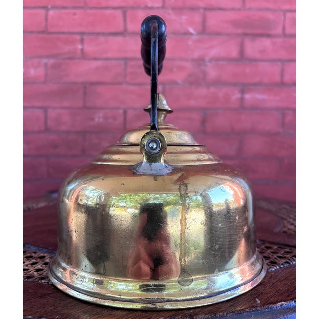 Vintage Solid Brass Tea Kettle With Wood Grip For Sale - Image 4 of 8