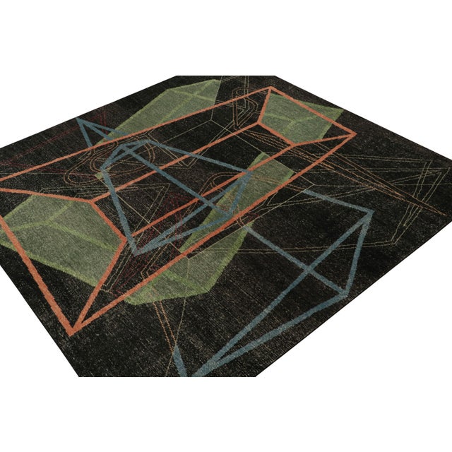 Art Deco Rug & Kilim’s Distressed Style Deco Rug in Black With Colorful Geometric Pattern For Sale - Image 3 of 7