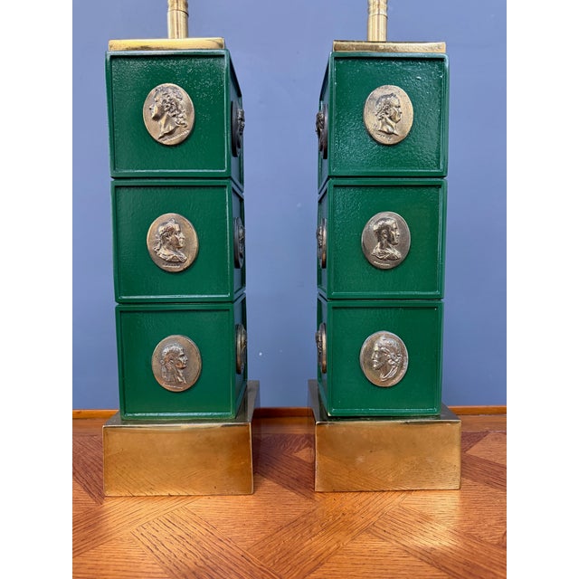 Metal 1970s Neoclassical Style Green Column Lamps With Brass Medallions W/Brass Base - a Pair For Sale - Image 7 of 11