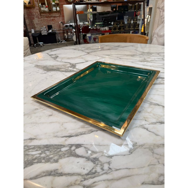 Modern Vintage Brass & Emerald Green Lacquer Serving Tray For Sale - Image 3 of 6