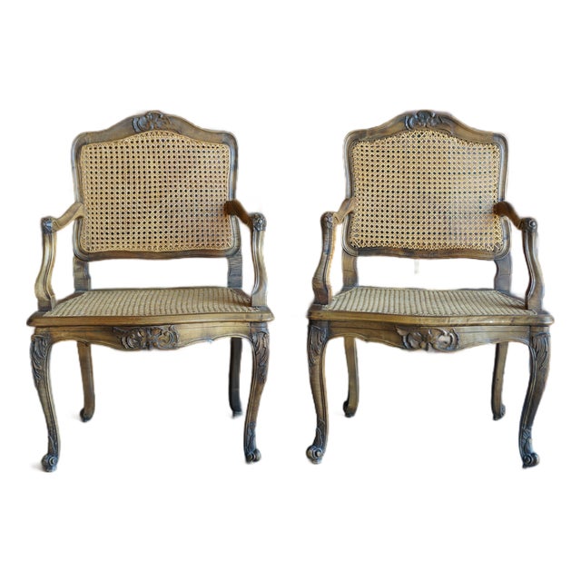 Antique Carved French Walnut Cane Arm Chairs ~ a Pair For Sale