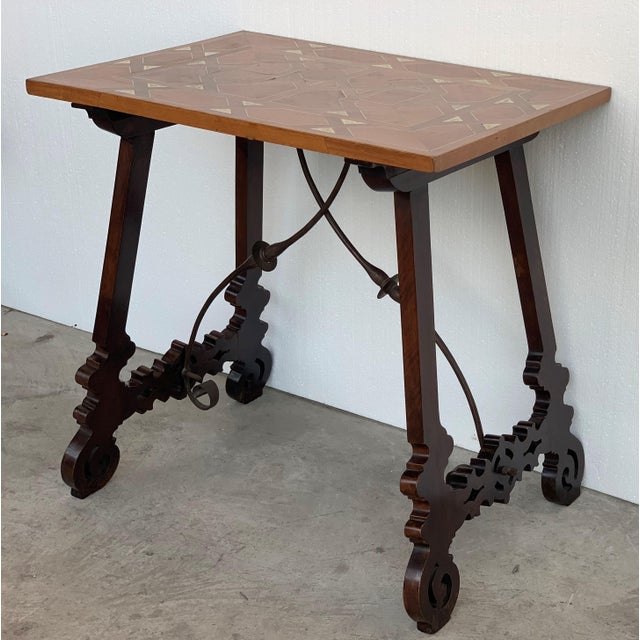 19th Century Baroque Spanish Side Table With Marquetry Top and Lyre Carved Legs For Sale - Image 4 of 13