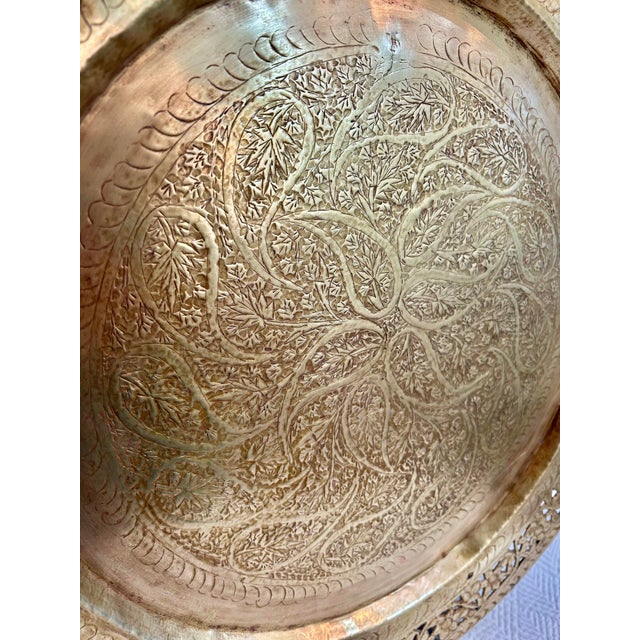Mid 20th Century Etched Brass Round Tray With Pierced Floral Rim For Sale - Image 4 of 7