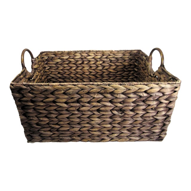 Vintage Water Hyacinth Woven Reed Basket + Brass Handles For Sale