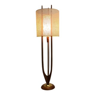 Modeline of California Mid-Century Sculptural Walnut and Brass Floor Lamp With Both Original Shades For Sale