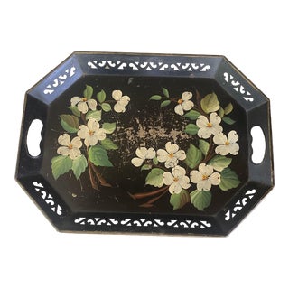 Early 20th Century Antique Black Metal Tray With Hand Painted Flowers For Sale