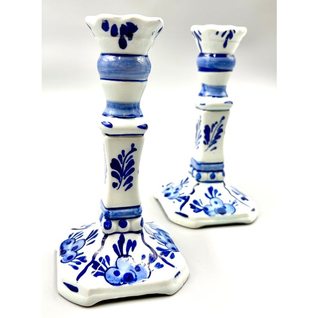 Mid 20th Century Vintage Dutch Delft Hand Painted Faience Candlesticks - A Pair For Sale - Image 5 of 10