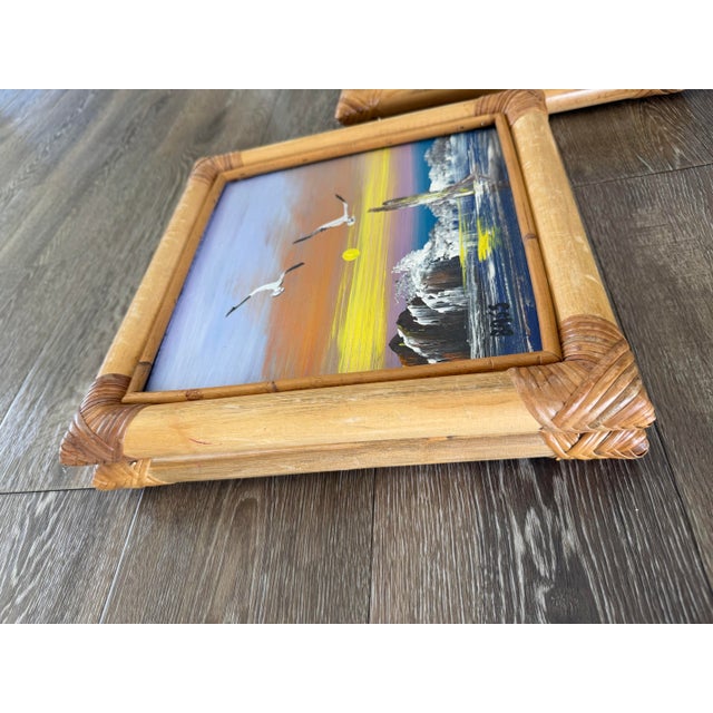 Oil Coastal Paintings in Thick Bamboo Frames. Pair For Sale - Image 9 of 12