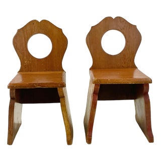 1970s Vintage Child-Size Folk Art Brutalist Gustavian Pine Side Chair - A Pair. For Sale