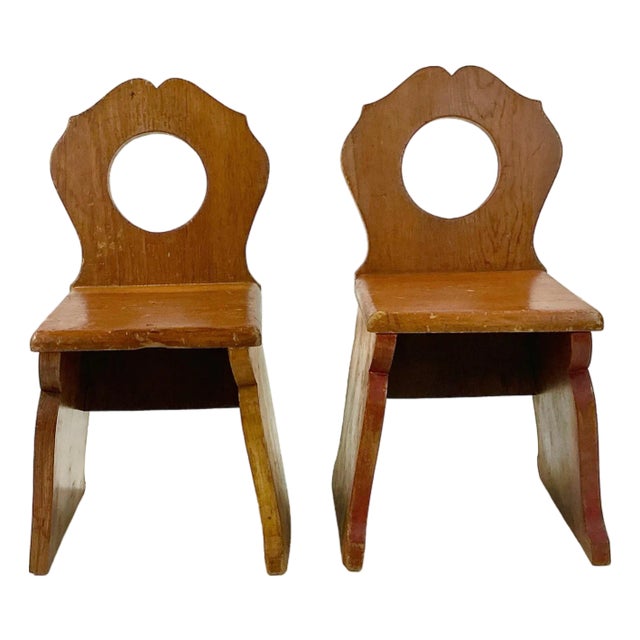 1970s Vintage Child-Size Folk Art Brutalist Gustavian Pine Side Chair - A Pair For Sale