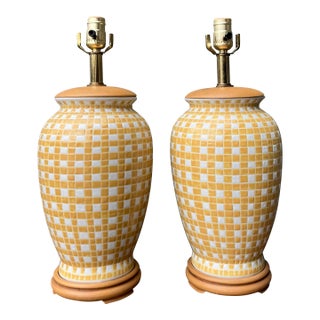 Vintage Glazed Ceramic Grid Lamps - A Pair For Sale