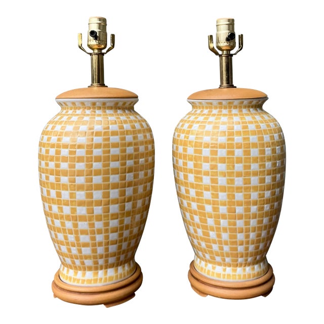 Vintage Glazed Ceramic Grid Lamps - A Pair For Sale