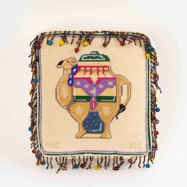 Beige Vintage Needlepoint Camel Pillow With Beaded Trim For Sale - Image 8 of 13