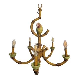 Vintage Faux Bamboo 5 Light Carved Parrot Regency Chandelier For Sale