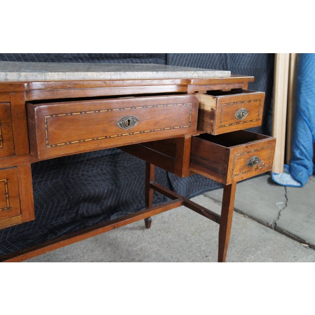 Antique American Sheraton Inlaid Mahogany Marble Top Writing Desk Library Table For Sale - Image 13 of 14