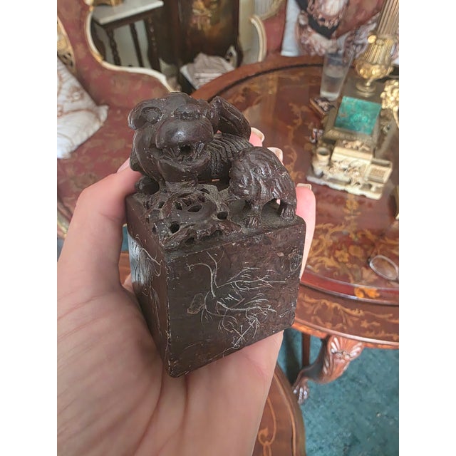 Stone Vintage Chinese Soapstone Foo Dog Seal Pair With Carved Calligraphy Bases For Sale - Image 7 of 10