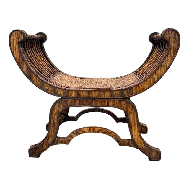 Vintage Egyptian-Style Rattan & Grasscloth Bench For Sale