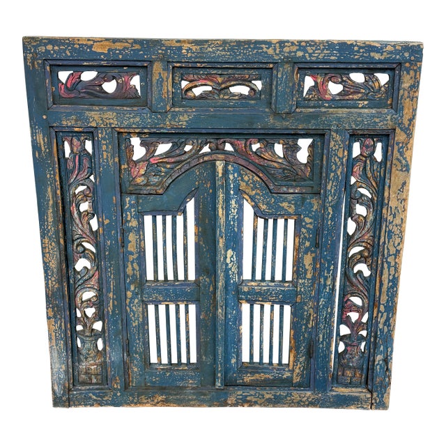 Indonesian Carved Wood Window Wall Decor For Sale