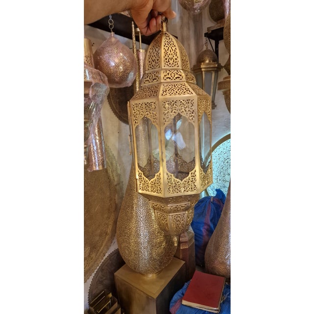 2000 - 2009 Large Handmade Moroccan Brass Lantern – Marrakech Hanging Pendant Light – Vintage Islamic Chandelier – Boho Home Decor 15inch For Sale - Image 5 of 6