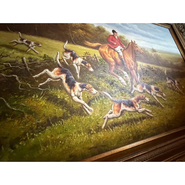Early 20th Century Early 20th Century Original Ferdinand Arnold Oil Painting – English Fox Hunt Scene With Hounds – Traditional Equestrian Decor in Ornate Frame For Sale - Image 5 of 17