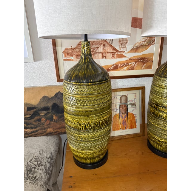 1950s Bitossi Large Vintage Green Textured Lamps Pair For Sale - Image 9 of 9