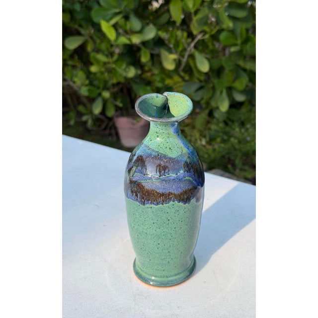 Contemporary Vintage 7.5” Studio Pottery Vase With Sculptural Flared Rim For Sale - Image 3 of 10
