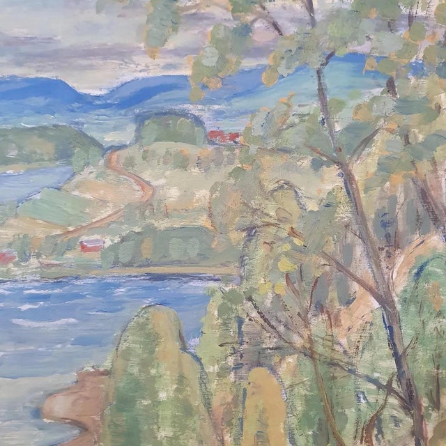 An original swedish mid-century oil painting on panel, signed c. Åmell and dated 1948. Depicting a quiet river landscape...