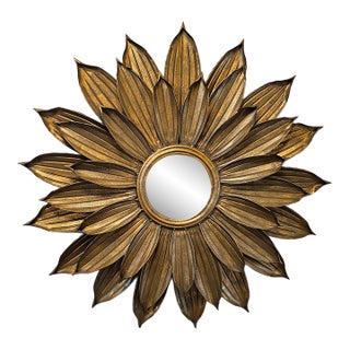 Vintage Hollywood Regency Style Gilt Metal Sunburst Mirror For Sale