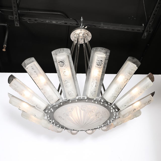 David Gueron Degue Art Deco Geometric Frosted Glass & Nickeled Starburst Chandelier Signed Degué For Sale - Image 4 of 18