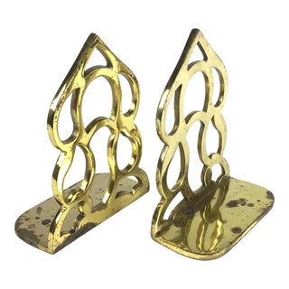 Abstract Carved Brass Bookends - a Pair For Sale