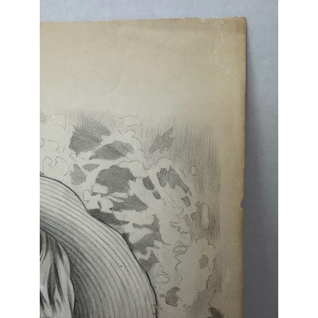 1940s 1940s Original Signed Graphite Illustration of Young Girl in Wide-Brimmed Hat, 13.75 × 11 In. For Sale - Image 5 of 8