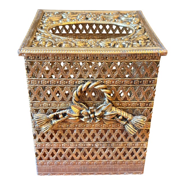 Hollywood Regency Gold Ormolu Filigree Tissue Holder Cover For Sale