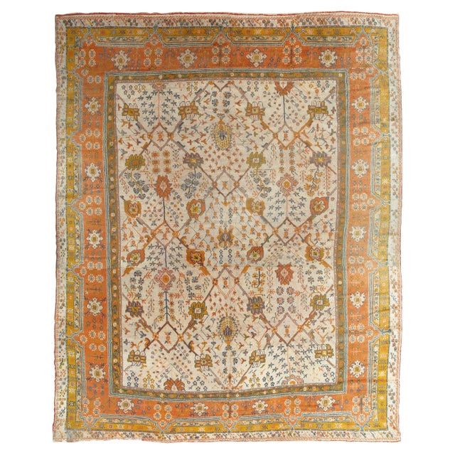 Antique Oushak Carpet, Oriental Rug, Handmade Ivory, Muted Orange, Soft Saffron For Sale - Image 12 of 18