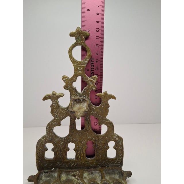 Antique Moroccan Cast Brass Hanukkah Lamp Menorah 19th Century Judaica Oil Lamp For Sale - Image 17 of 18