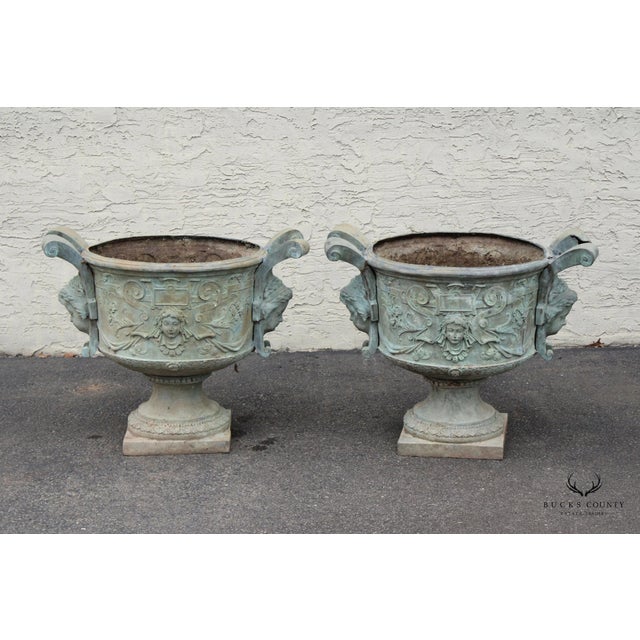 Metal Antique Pair of Lead Alloy Outdoor Garden Urns For Sale - Image 7 of 12
