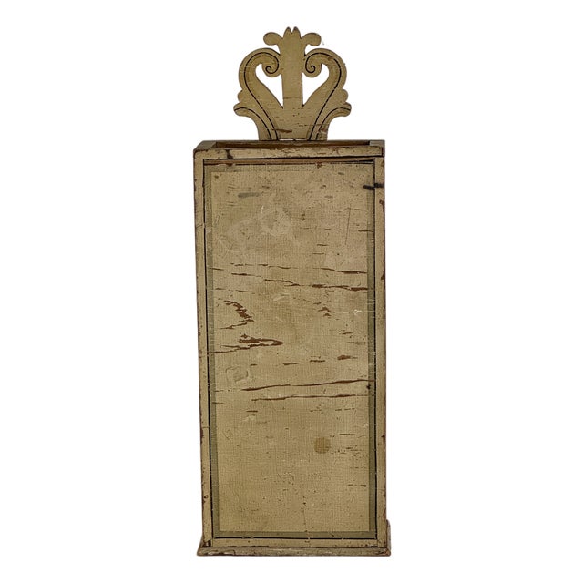 Antique 19th C American Painted Country Wall Box With Ornate Scrolled Pediment Top For Sale